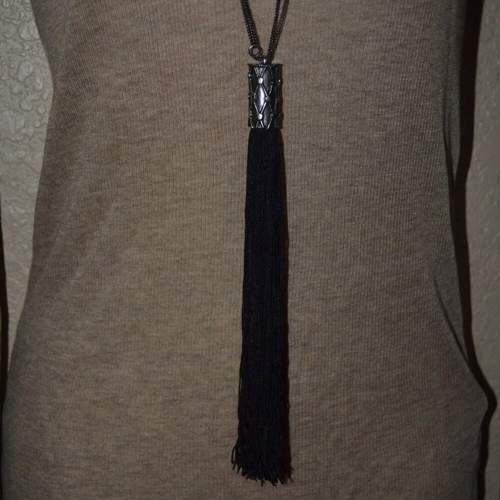 YSL Yves Saint Laurent Black Tassel Silver Chain Necklace